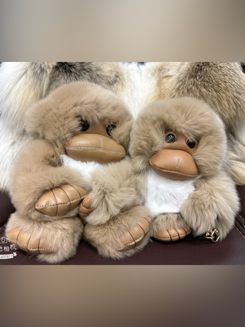 2 Plush Rex Rabbit Fur Monkey for Keys and Bags - Mommy and Baby